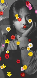 Monochrome portrait wallpaper with colorful flowers.