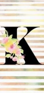 Floral letter K with pastel stripes wallpaper.