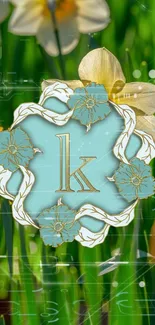 Elegant floral wallpaper with monogram and green leaves.