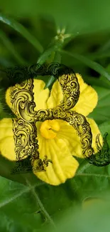 Yellow flower with ornate 'R' on lush green backdrop.