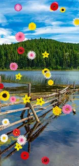 A tranquil mountain lake with colorful floating flowers under a blue sky.