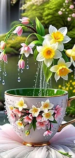 Cup with flowers and nature scene wallpaper.
