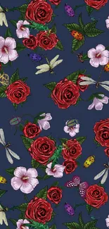 Dark floral wallpaper with roses, flowers, and insects on a deep blue background.