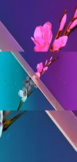 Vibrant neon floral wallpaper with pink, teal, and purple hues.