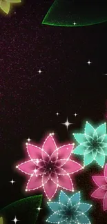 Neon floral wallpaper with glowing petals in dark background.