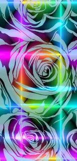 Vibrant neon rose pattern with floral design on black background.