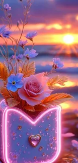 Floral arrangement with neon glow against a colorful sunset over the ocean.