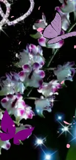 Elegant orchids with butterflies and sparkles on a dark background.