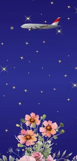 Airplane amidst starry night with flowers on mobile wallpaper.