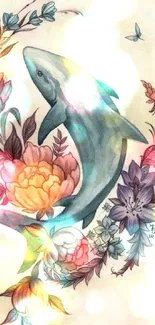 Artistic floral design with a shark in a serene, nature-inspired wallpaper.