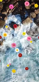 Vibrant flower petals over ocean waves and rocks.