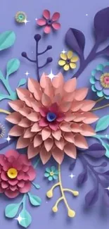 Colorful floral paper art wallpaper with 3D flowers on a lavender background.