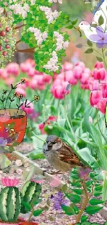 Whimsical wallpaper with flowers and sparrow in vibrant garden.