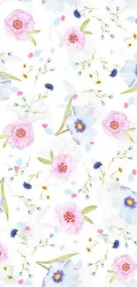 Pastel floral wallpaper with pink and blue flowers on white background.