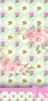 Charming floral pastel wallpaper with pink roses and vintage accents.