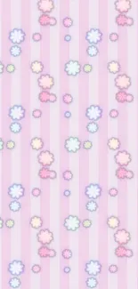 Pastel pink striped wallpaper with floral pattern.