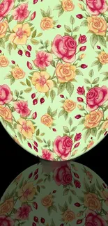 Oval wallpaper with pastel floral design on mint green background.