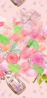 Pastel pink floral wallpaper with roses and green leaves.