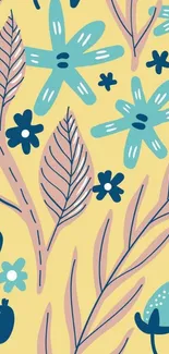 Floral pattern wallpaper with yellow background, teal flowers, and pink leaves.