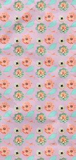 Delicate floral pastel wallpaper with orange flowers and lavender background.