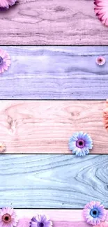 Pastel floral wallpaper with wooden texture.