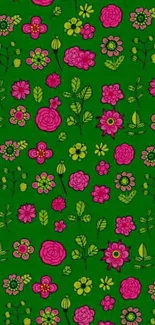 Green floral wallpaper with pink flowers and leaves.