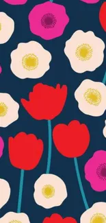 Mobile wallpaper with vibrant red, pink, and white floral pattern on dark blue.