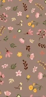 Mobile wallpaper with brown background and colorful floral pattern.