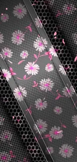 Mobile wallpaper with pink floral patterns on a grey textured background.