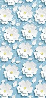 White floral pattern on sky blue wallpaper.