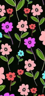 Vibrant floral mobile wallpaper with colorful flowers on black background.