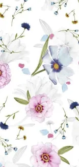 Elegant floral pattern wallpaper with pink and blue blossoms on white background.