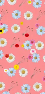 Floral pattern wallpaper with daisies and pink background.