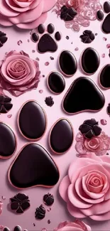 Elegant mobile wallpaper featuring black paw prints and pink roses.