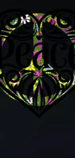 Intricate floral heart design with peace text on a dark wallpaper background.