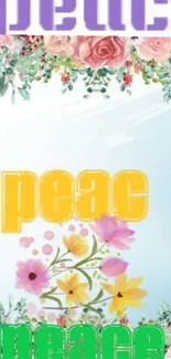 Floral mobile wallpaper with peace text and colorful flowers on a sky blue background.