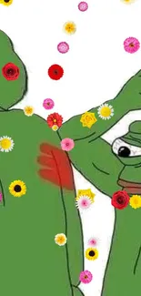 Pepe the Frog with colorful flowers on green background.