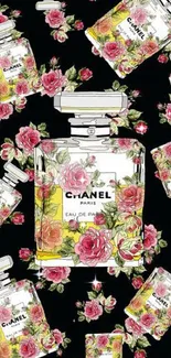 Stylish wallpaper of floral perfume bottles on black background.