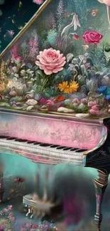 Artistic wallpaper featuring a floral piano with vibrant colors and dreamy design.