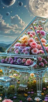 Crystal piano filled with colorful flowers under a starry moonlit sky.