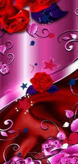 Floral pink and red wallpaper with swirls and roses.