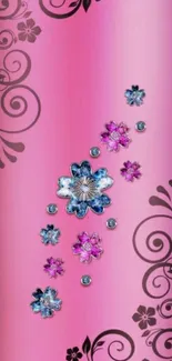 Pink wallpaper with decorative floral design.