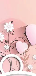 Pink floral wallpaper with hearts and white flowers for mobile.