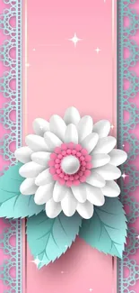 White daisy with turquoise leaves on pink lace background.