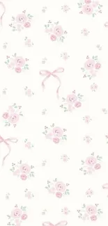 Pink floral pattern wallpaper with roses and bows.