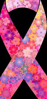 Floral pink ribbon wallpaper with vibrant flowers.