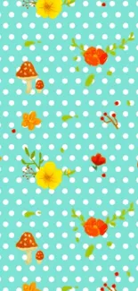 Teal wallpaper with flowers, mushrooms, and polka dots.