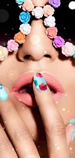 Vibrant pop art wallpaper with floral sunglasses and colorful nails.