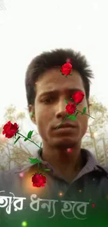 Creative portrait with red roses overlay.