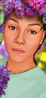 Digital portrait with floral wreath and vivid purple flowers.